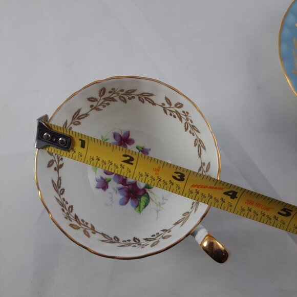 Aynsley Bone China Blue Gold Tea Cup Saucer Set Floral Interior Vintage - Picture 13 of 16